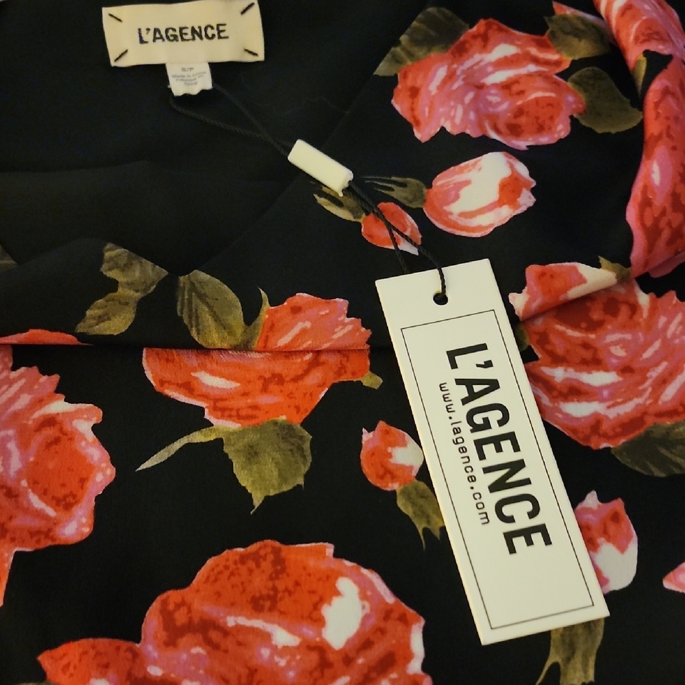 L'AGENCE Black Floral Silk Camisole with Pink/Coral Roses - Picture 3 of 4